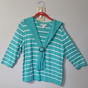 Dark Mint and White Striped Sweater with Ring/Shawl Collar Detail
